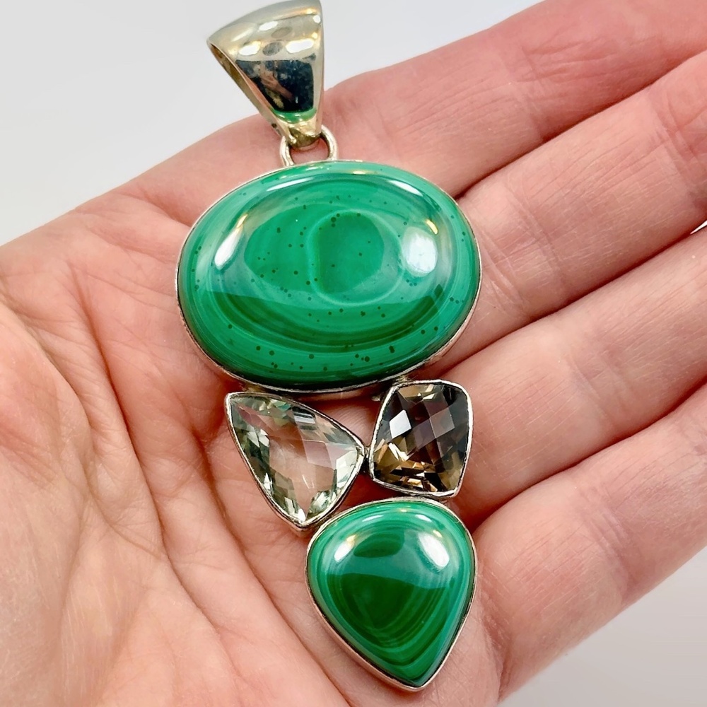Malachite Pendant, Green Amethyst, Quartz, Sterling Silver, Designer, Arya
